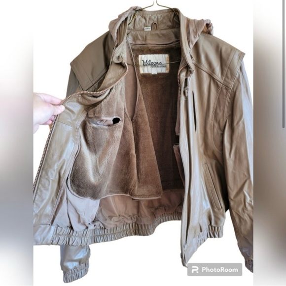 Vintage Wilson’s Leather Brown Fur Lined Hooded Bomber Style Zip Jacket Coat - Picture 9 of 10